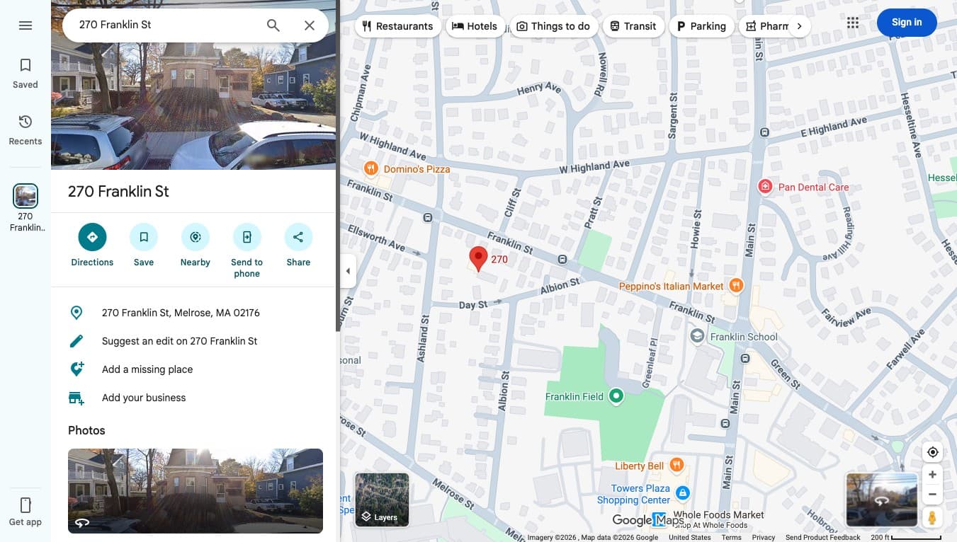 Google Maps view of 270 Franklin Street, Melrose, MA showing a residential house with no commercial storefront, no signage, and Google's 'Add your business' prompt